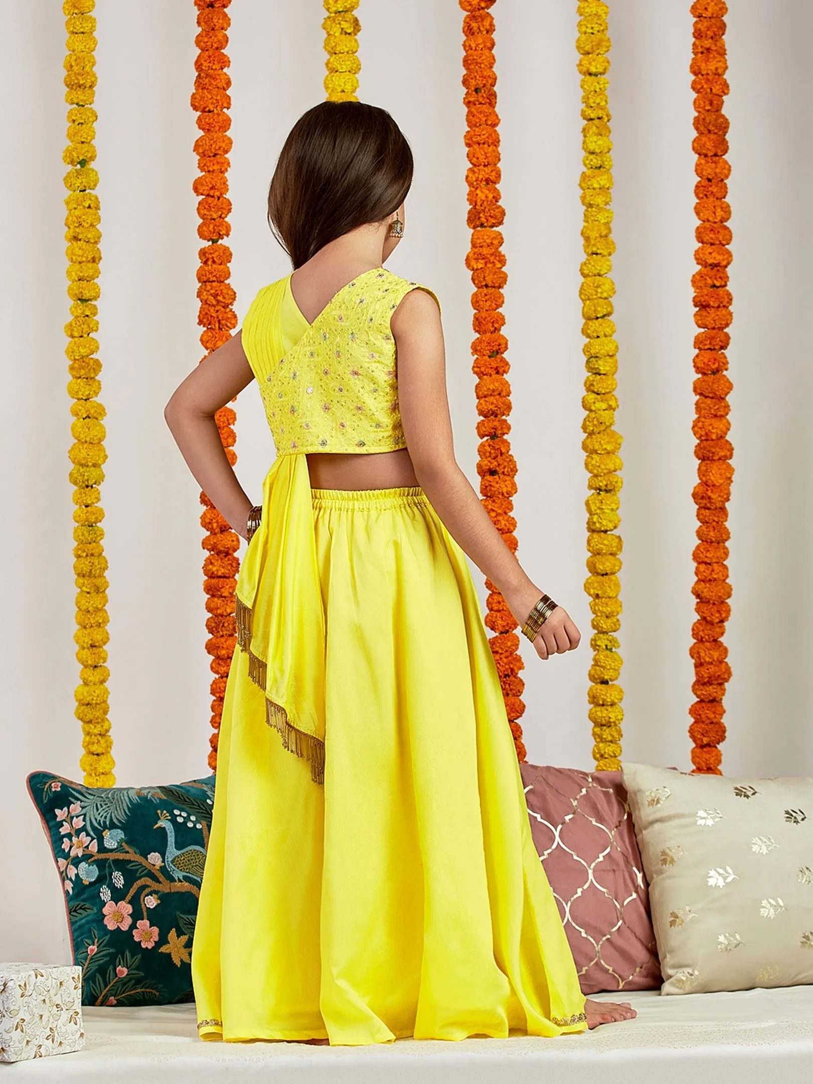 Jashvi Girls' Yellow Embroidered Crop Top And Blended Skit With Attached Pleated Dupatta Set