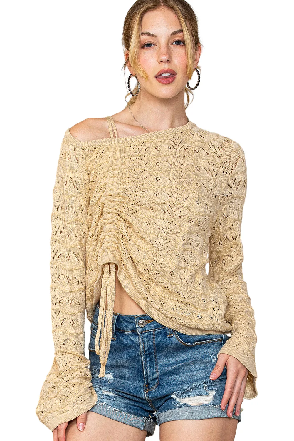 Khaki Cinched Drawstring Pullover Long Sleeve Crochet Sweater