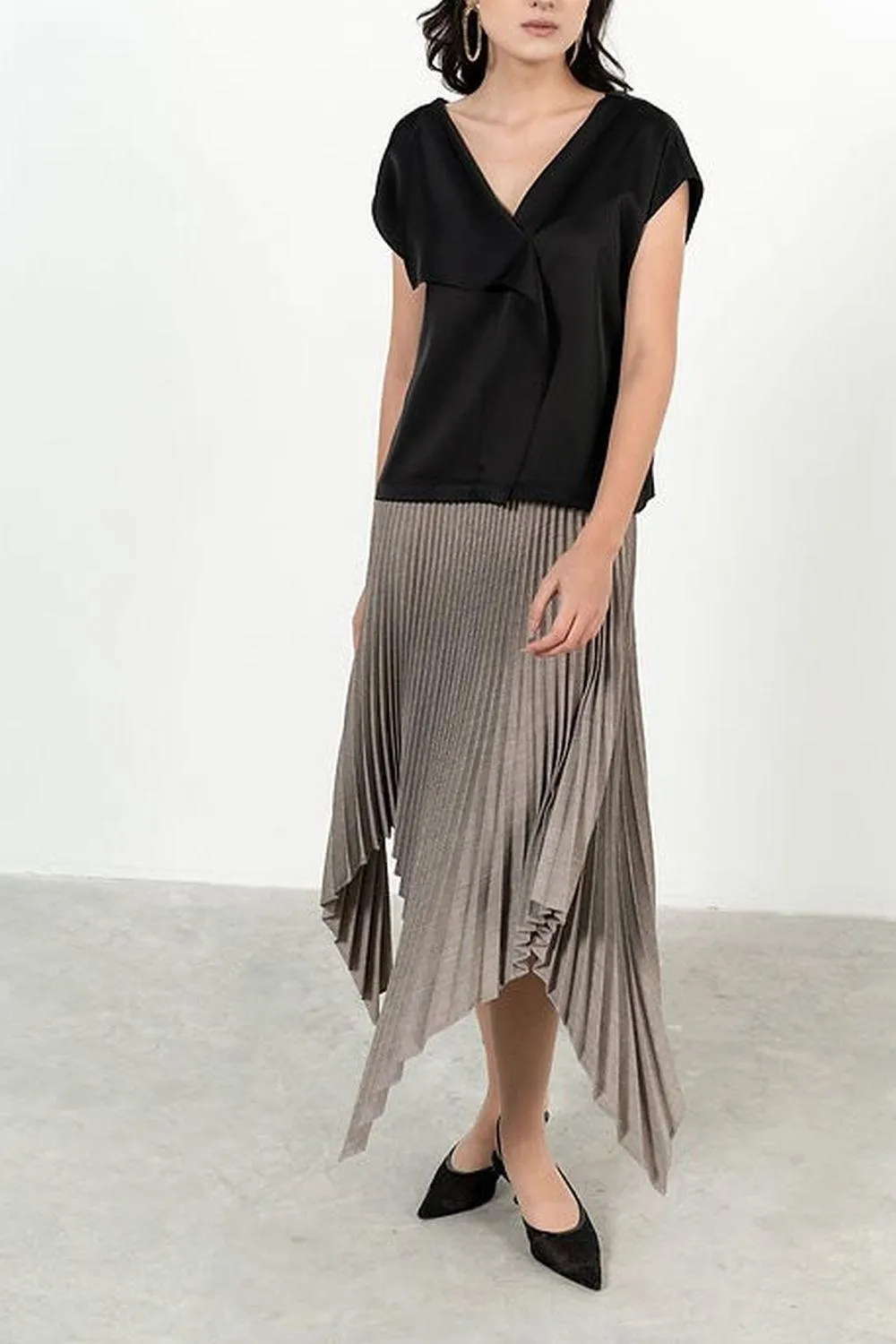 Lina Pleated Asymmetric Polyester Midi Skirt