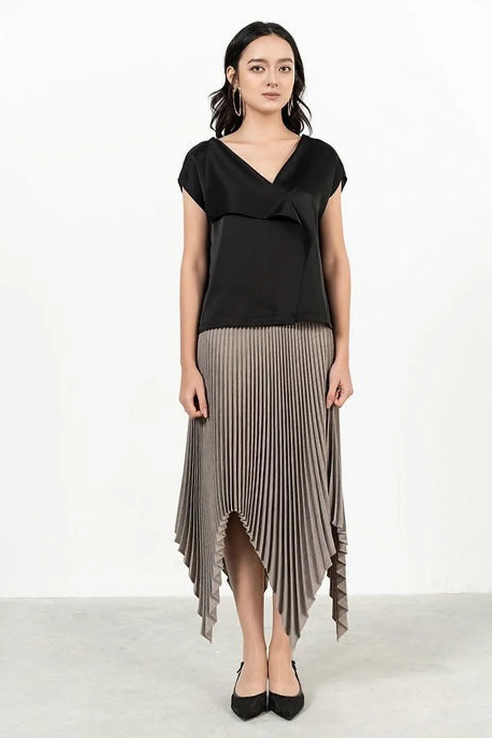 Lina Pleated Asymmetric Polyester Midi Skirt