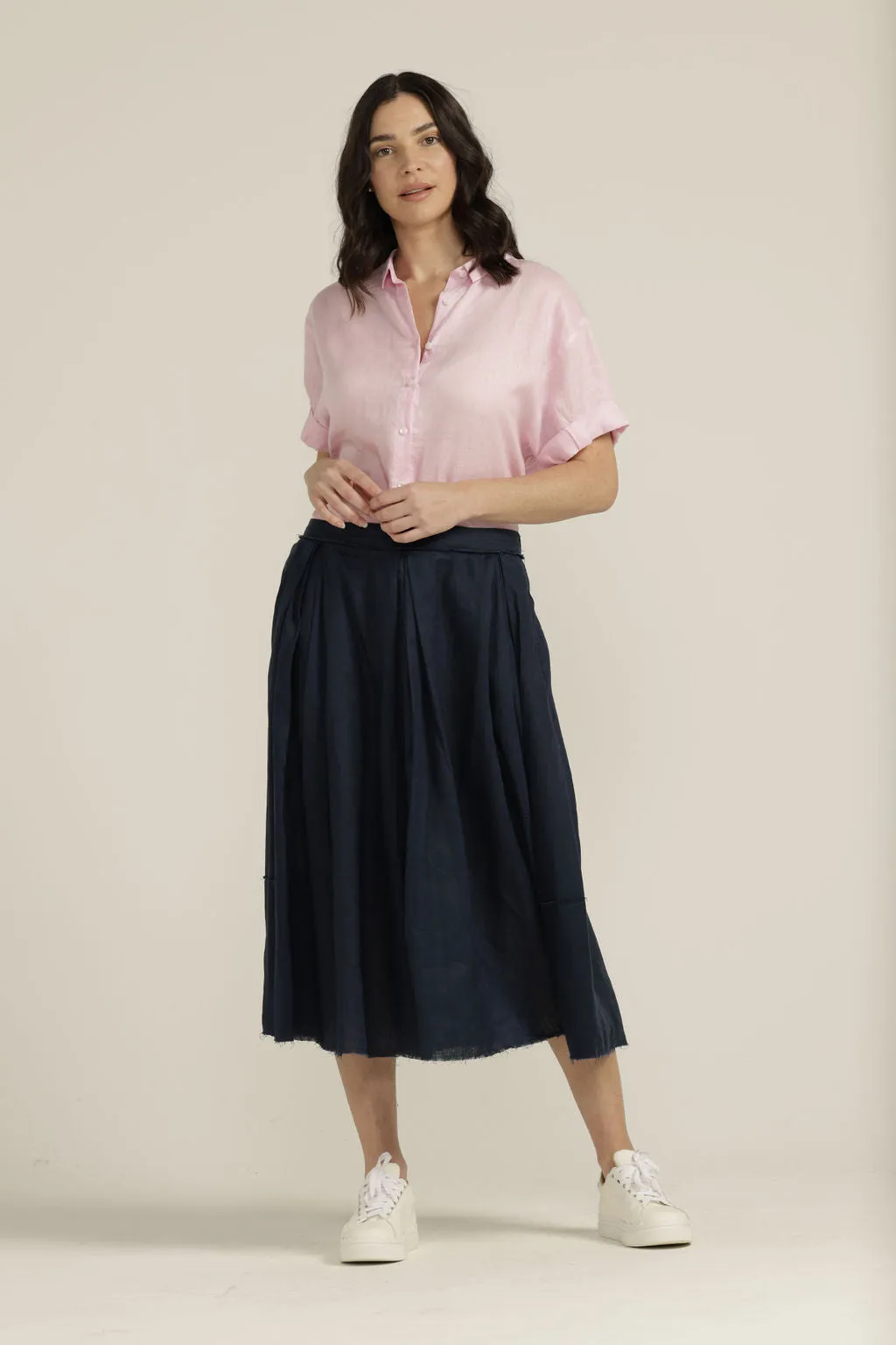 Linen Pleated Full Skirt Navy