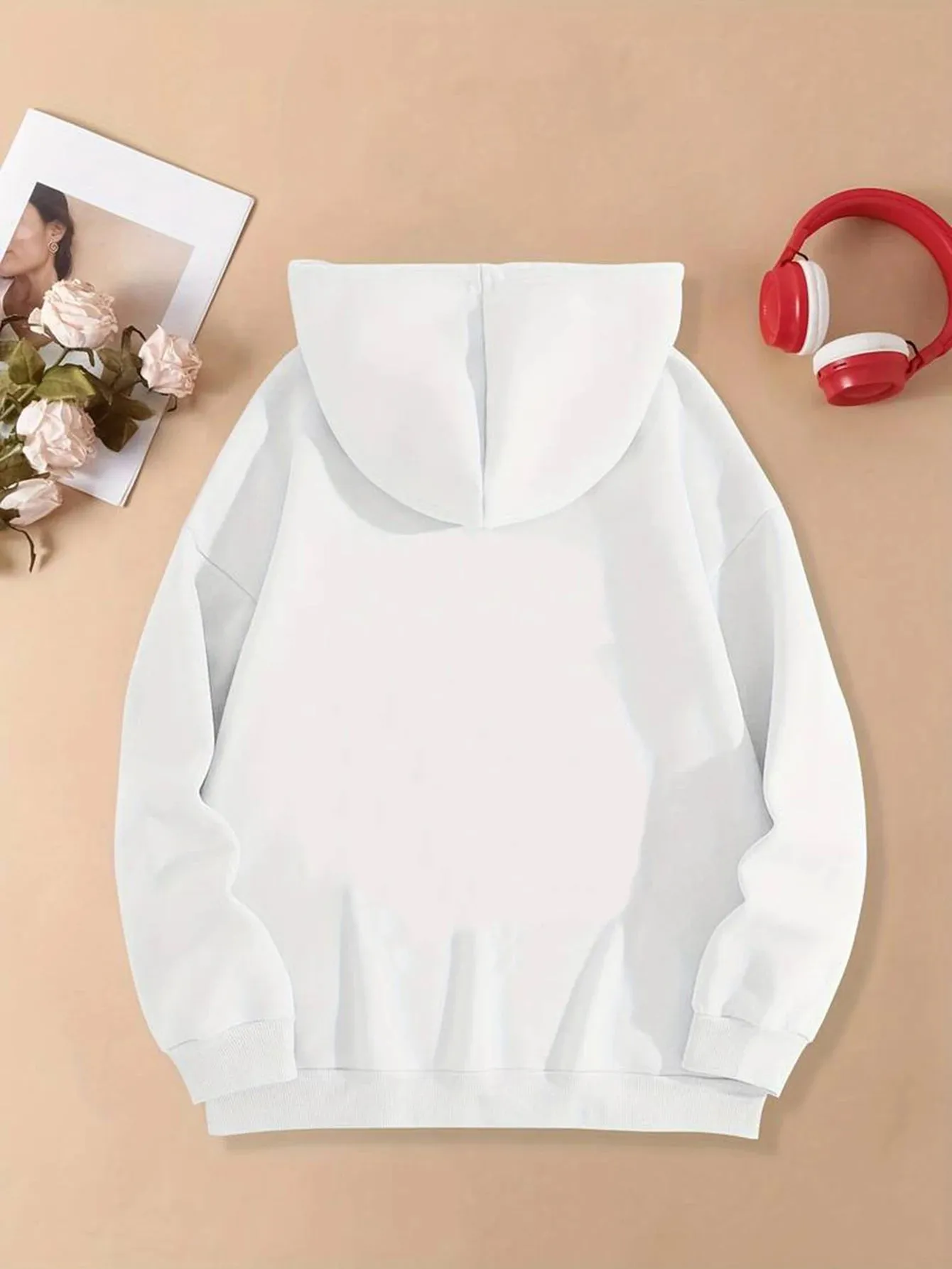 Loose Printed Hooded Sweatshirt For Women Long Sleeve Plus Velvet Kangaroo Pocket Top Casual Sports Pullover