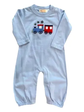 Luigi Solid Light Blue L/S Boy Elastic Leg Romper Train 5109