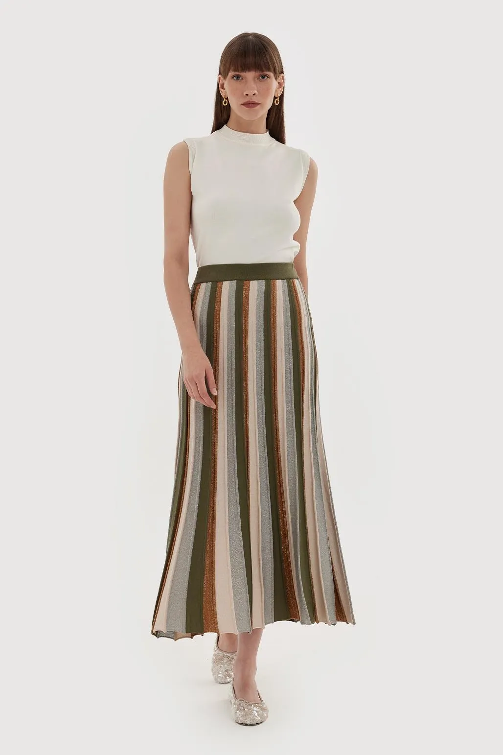 Lurex Pleated Knitted Skirt Khaki Green