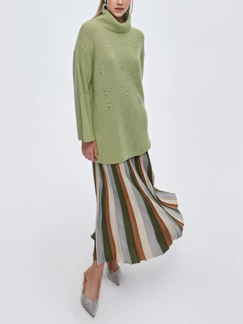 Lurex Pleated Knitted Skirt Khaki Green