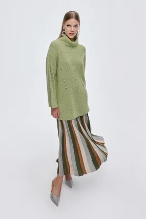 Lurex Pleated Knitted Skirt Khaki Green