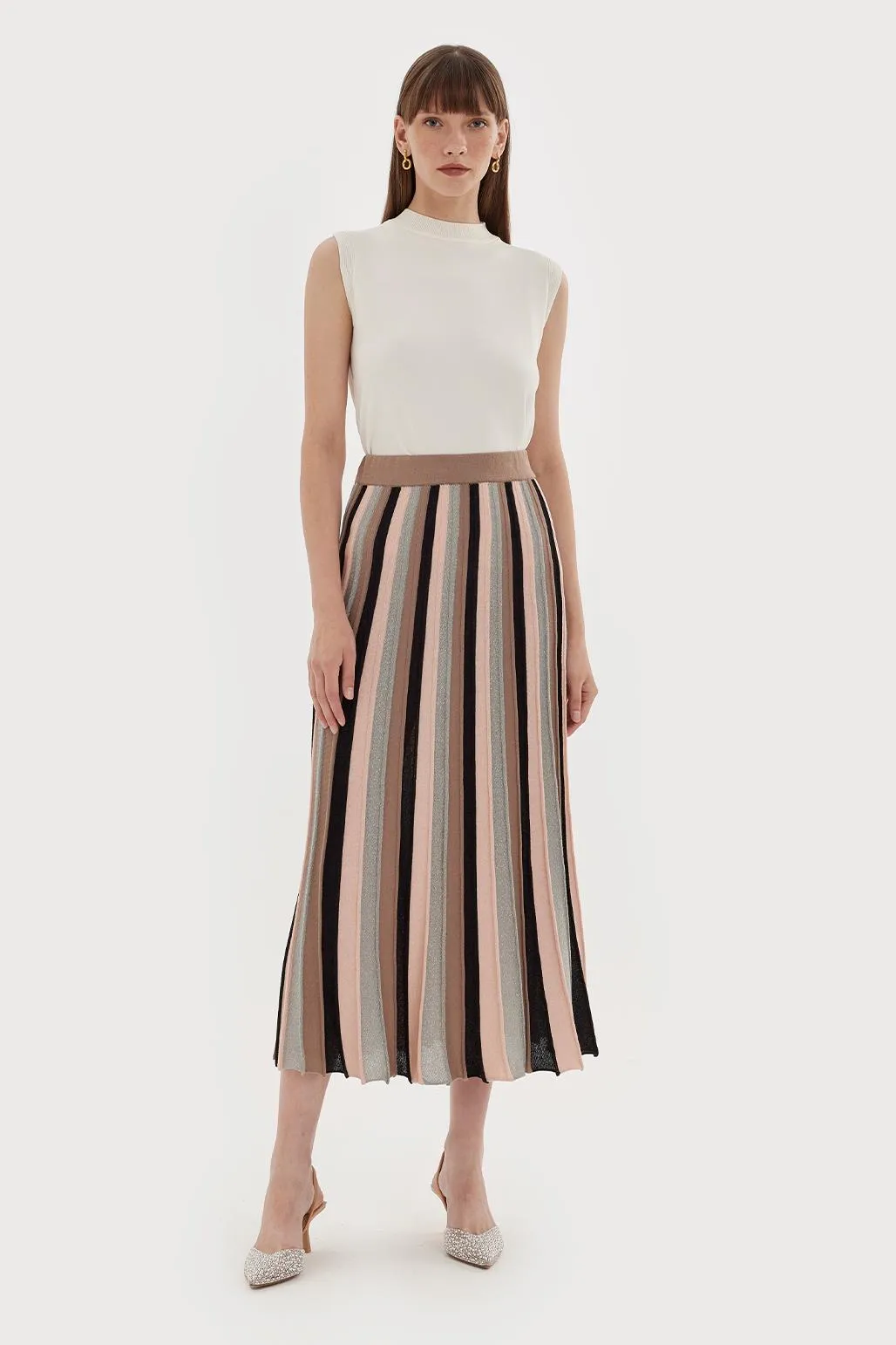 Lurex Pleated Knitted Skirt Khaki Green