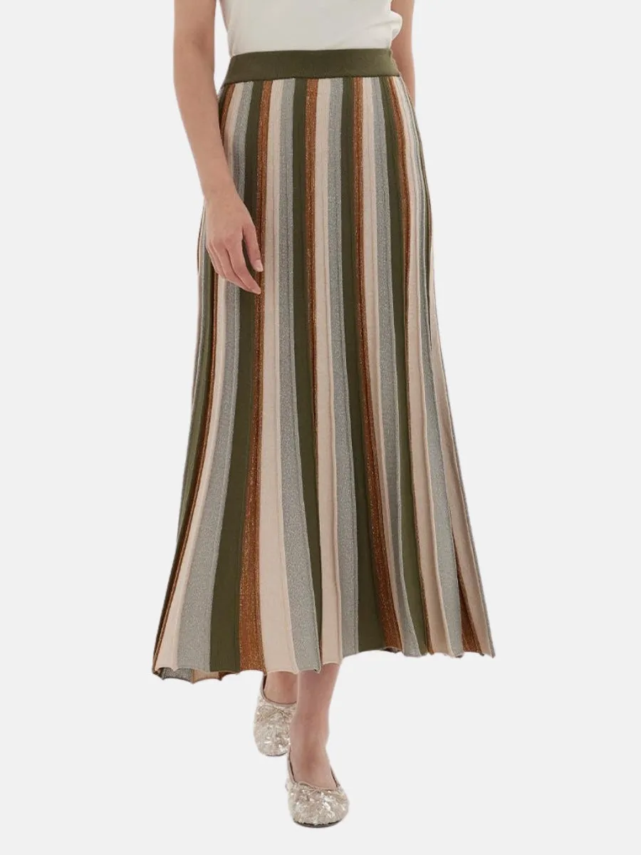 Lurex Pleated Knitted Skirt Khaki Green