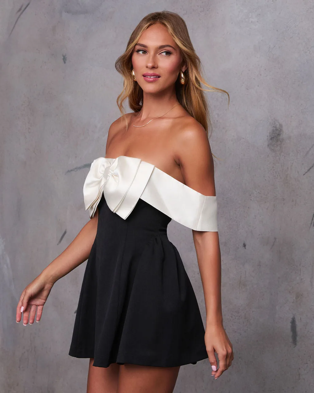 Make A Toast Off Shoulder Bow Colorblock Mini Dress