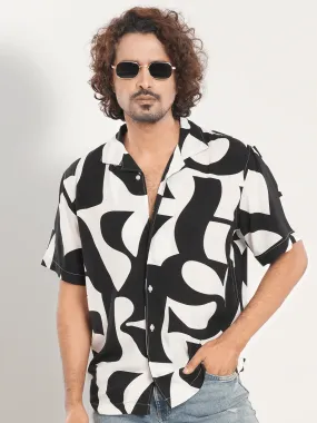 Men's Short Sleeve Shirt in Black & White Abstract Design Printed