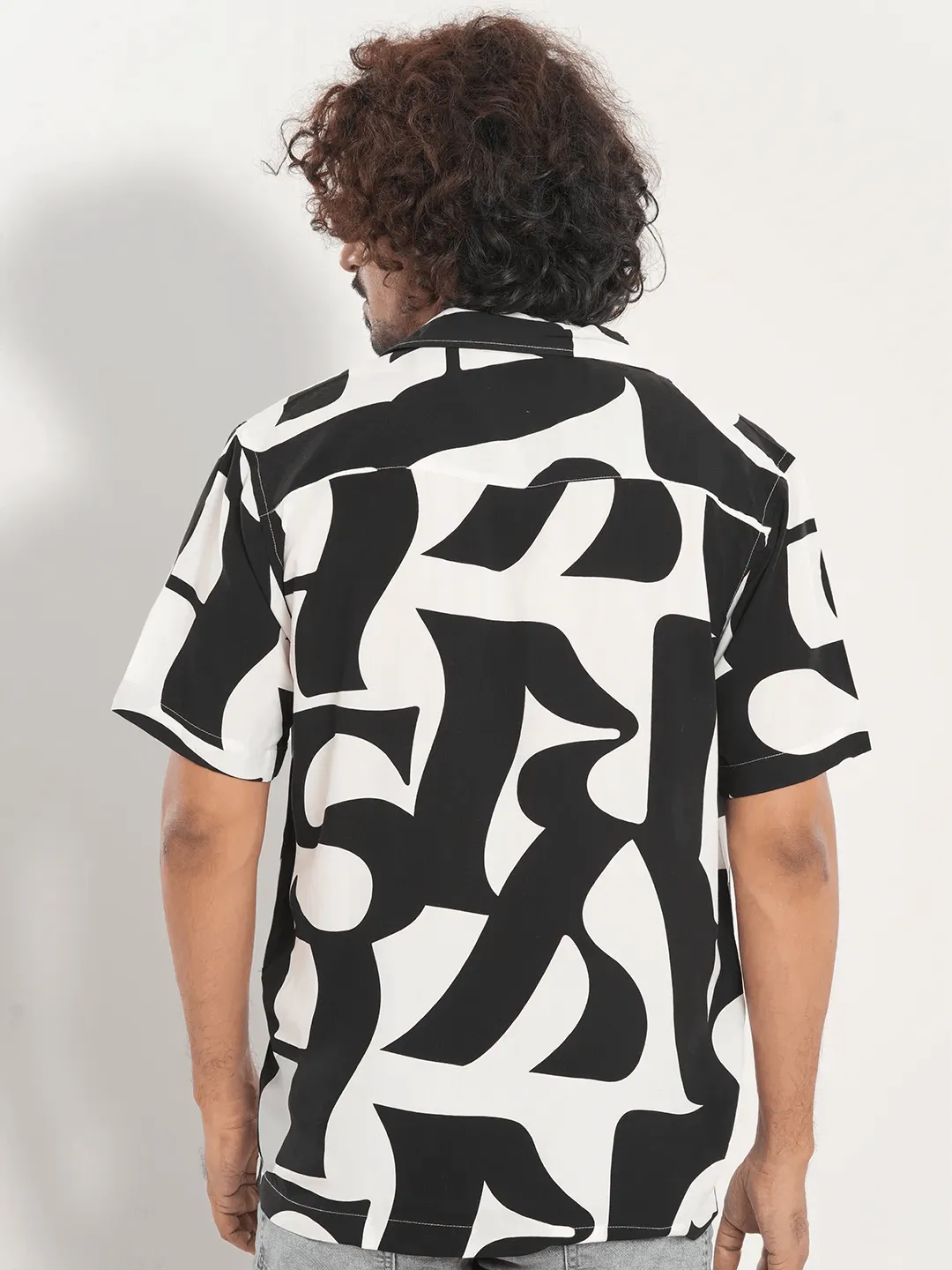 Men's Short Sleeve Shirt in Black & White Abstract Design Printed