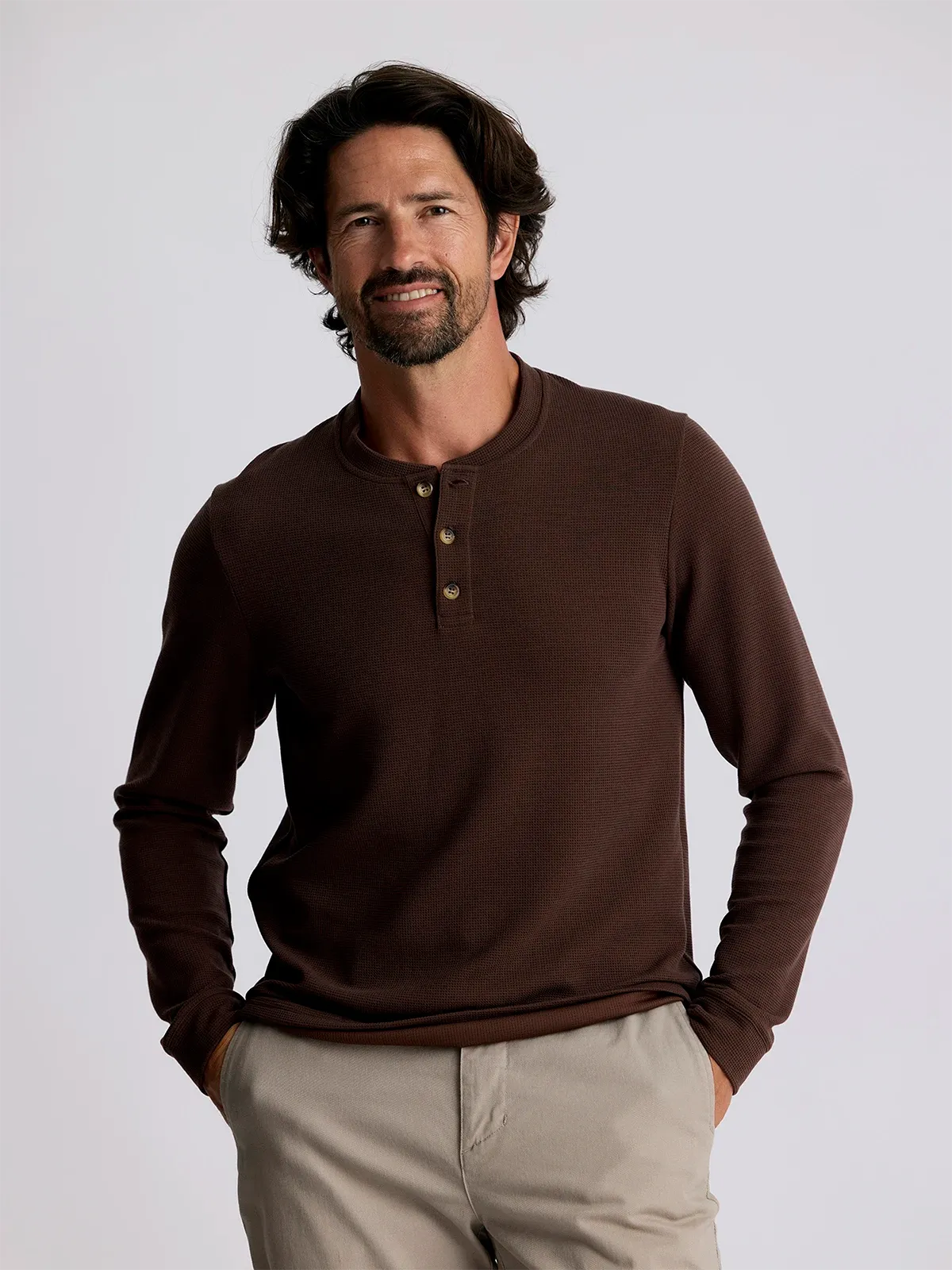 Men's Waffle Long Sleeve Henley - Chestnut