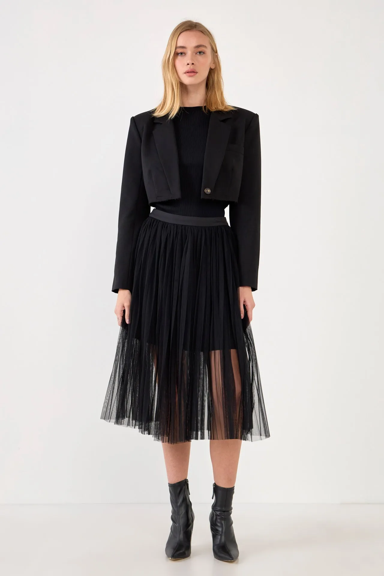 Mesh Combo Pleats Skirt