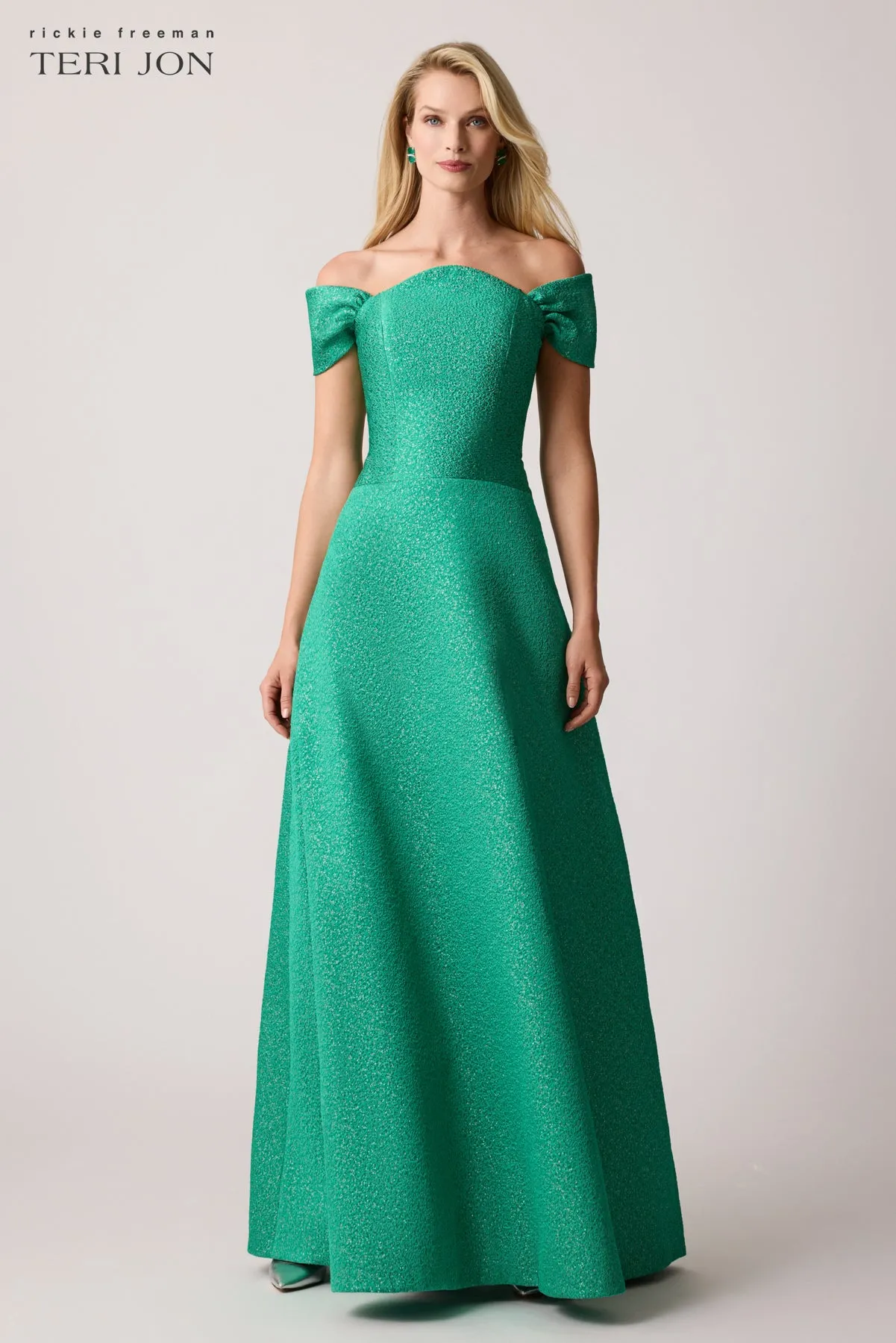 Metallic Jacquard Scalloped Neck Gown