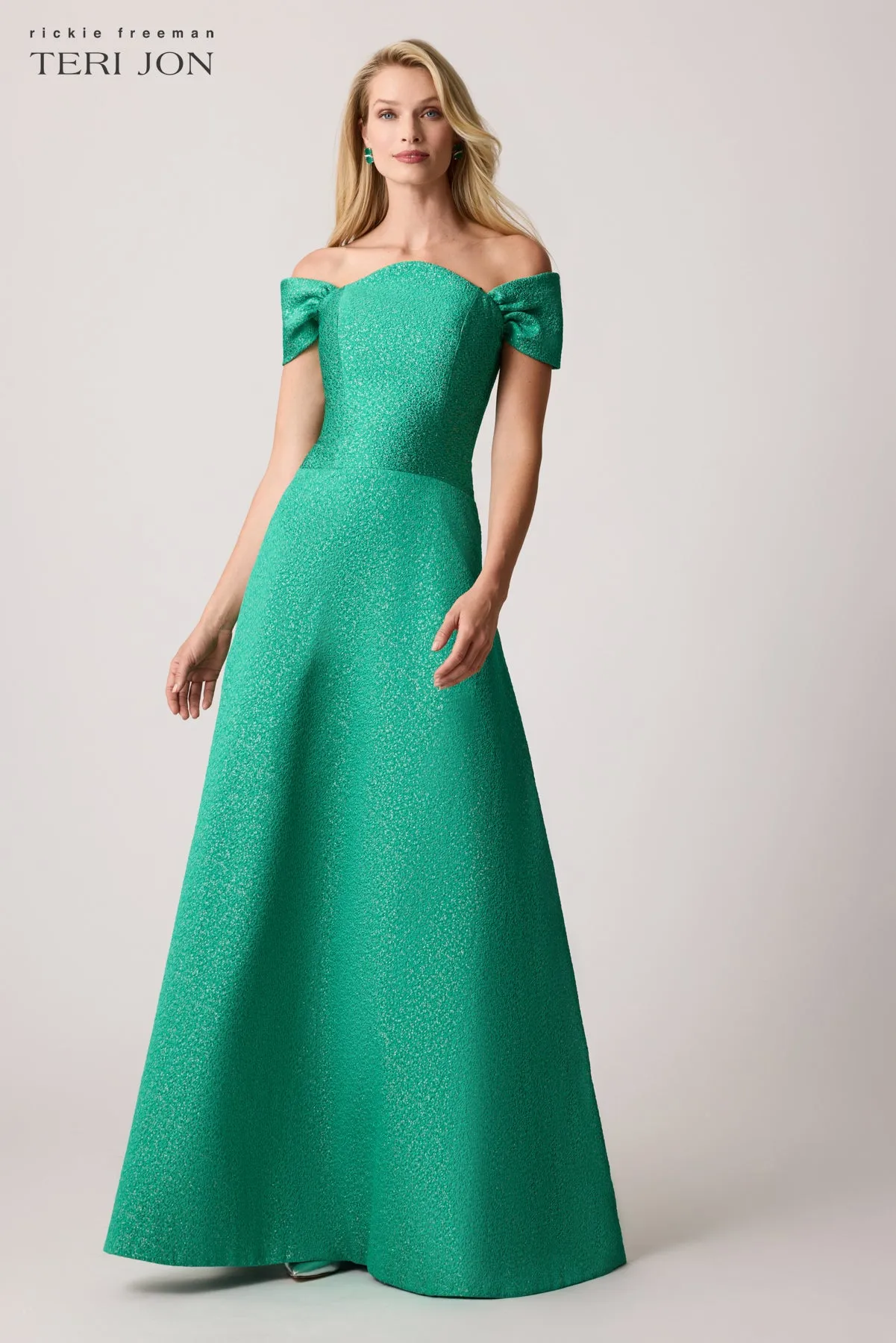 Metallic Jacquard Scalloped Neck Gown