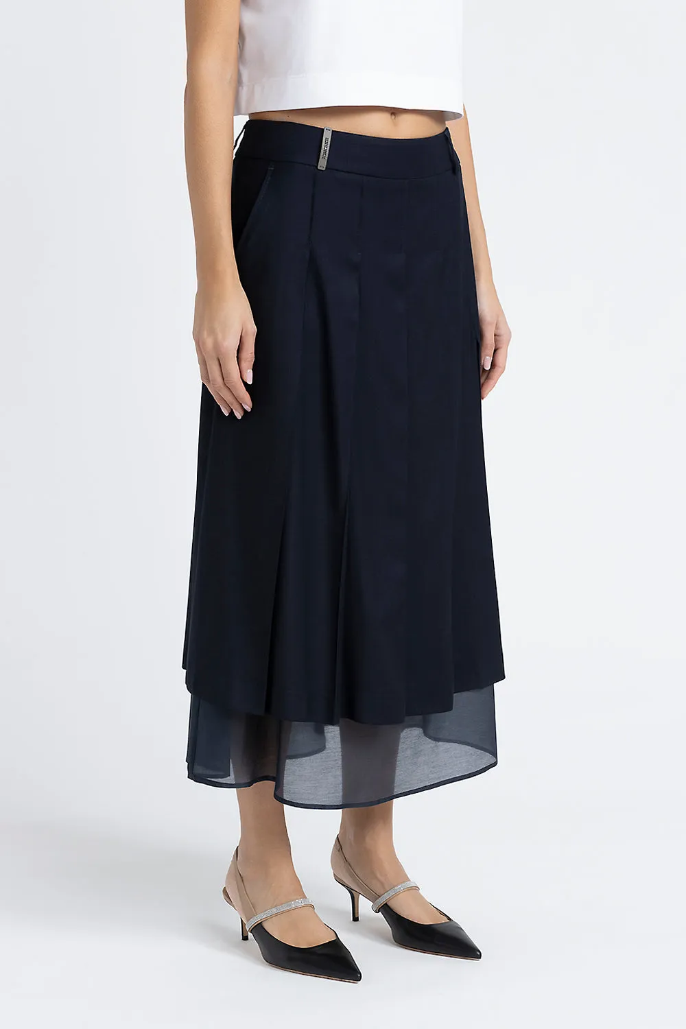 Midi skirt in viscose wool and organdy twill