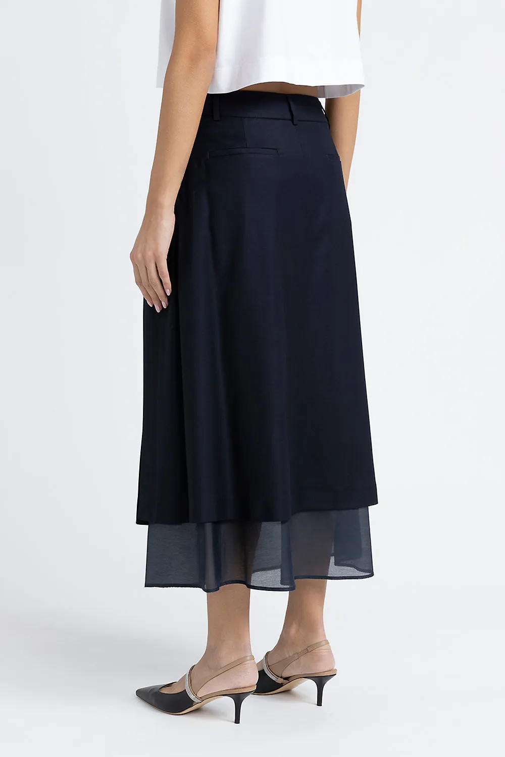 Midi skirt in viscose wool and organdy twill