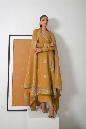 MUSTARD BROWN LUXURY EMBROIDERED KARANDI SET NEL-23637