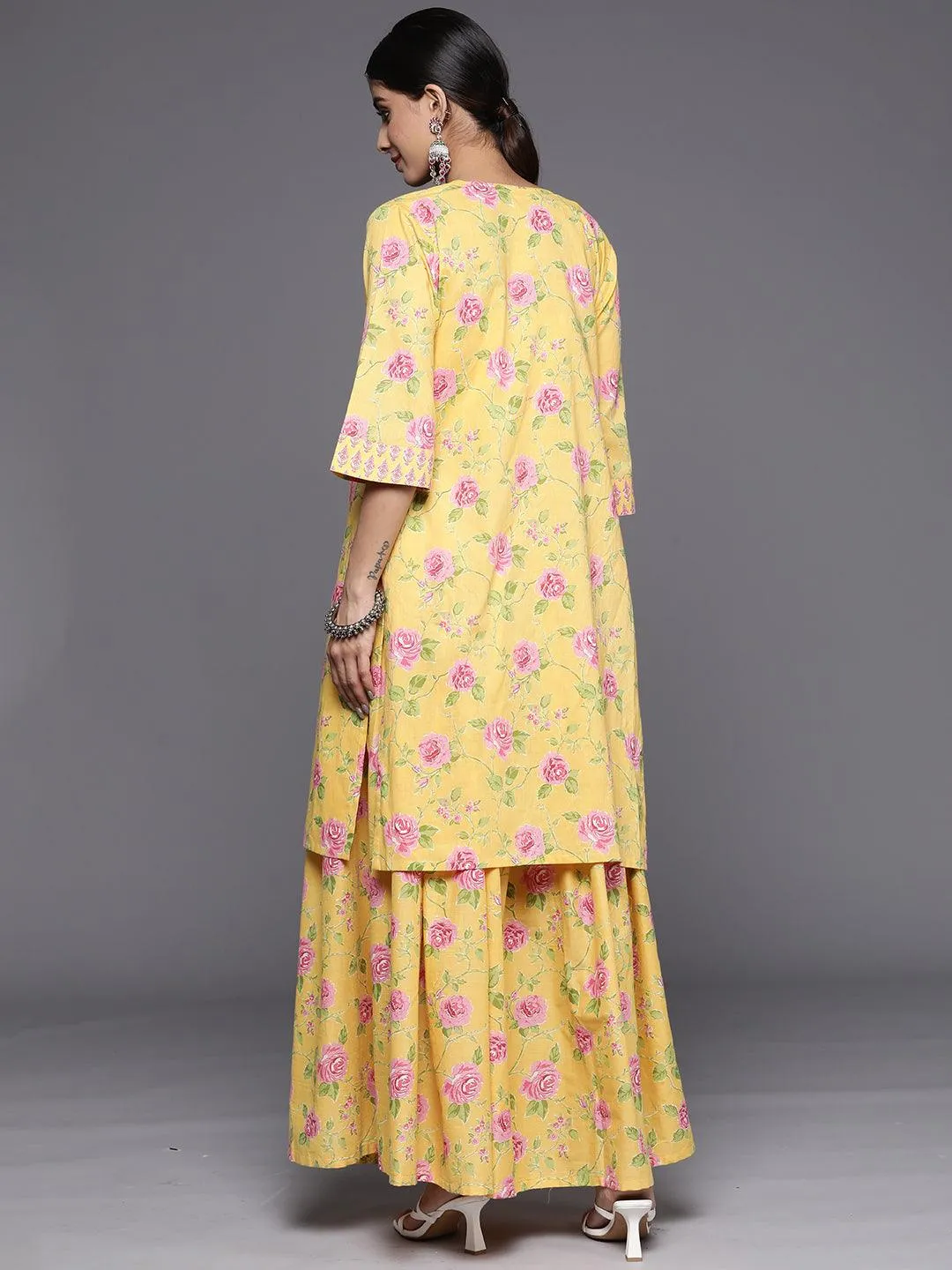 Mustard Printed Cotton Top With Skirt & Shrug