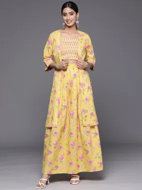 Mustard Printed Cotton Top With Skirt & Shrug