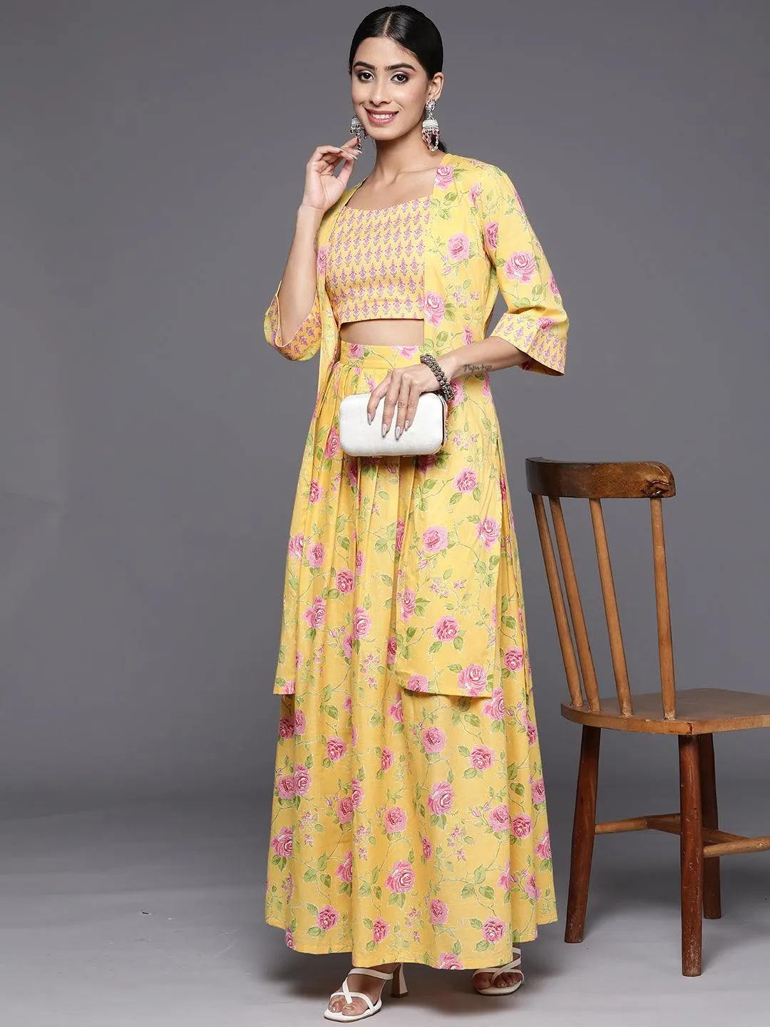 Mustard Printed Cotton Top With Skirt & Shrug