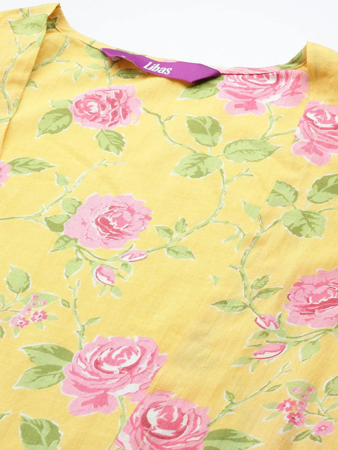 Mustard Printed Cotton Top With Skirt & Shrug