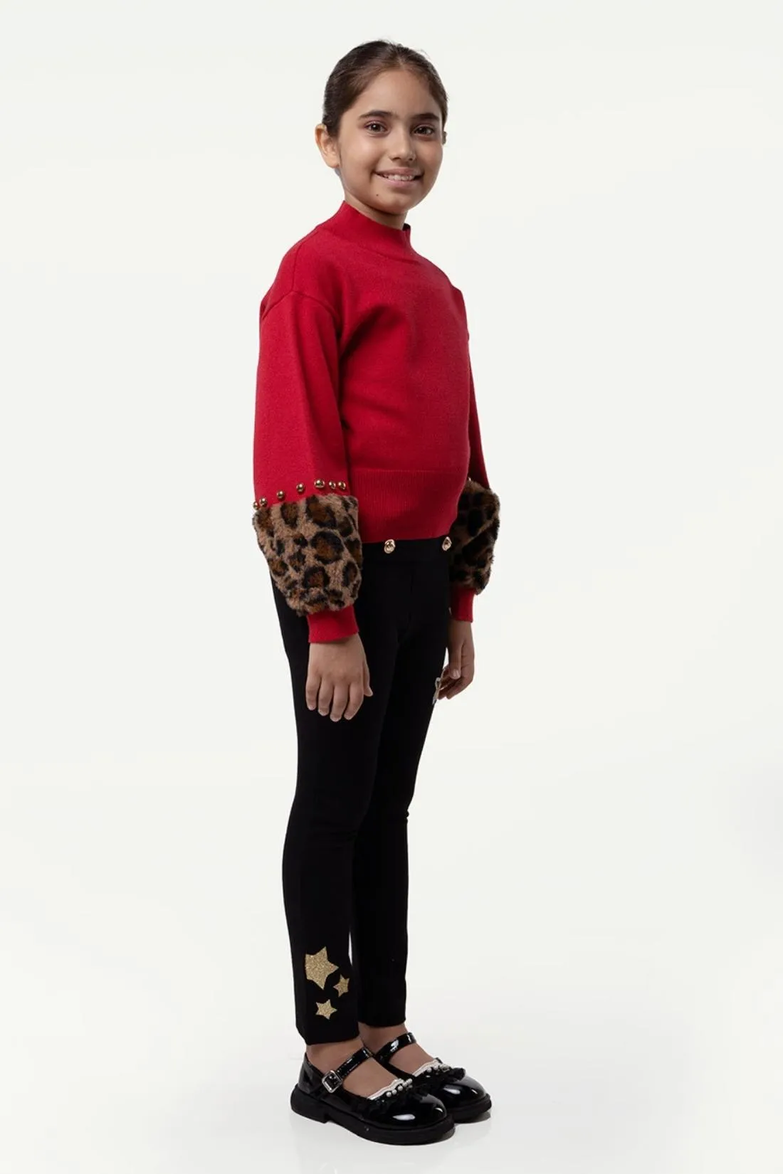 One Friday Kids Girl Red Pullover Sweater with Animal Printed Cuff