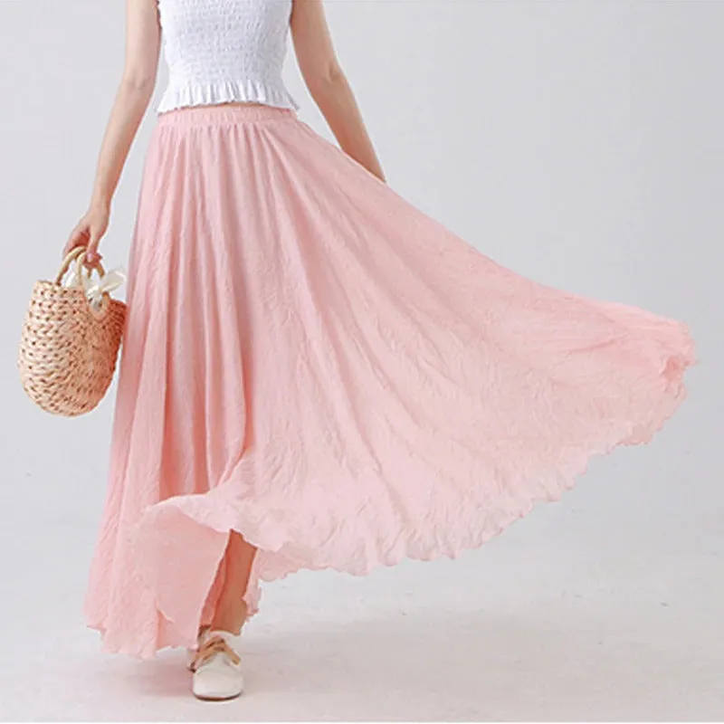 Pastel Color Elastic High Waist Pleated Maxi Skirts