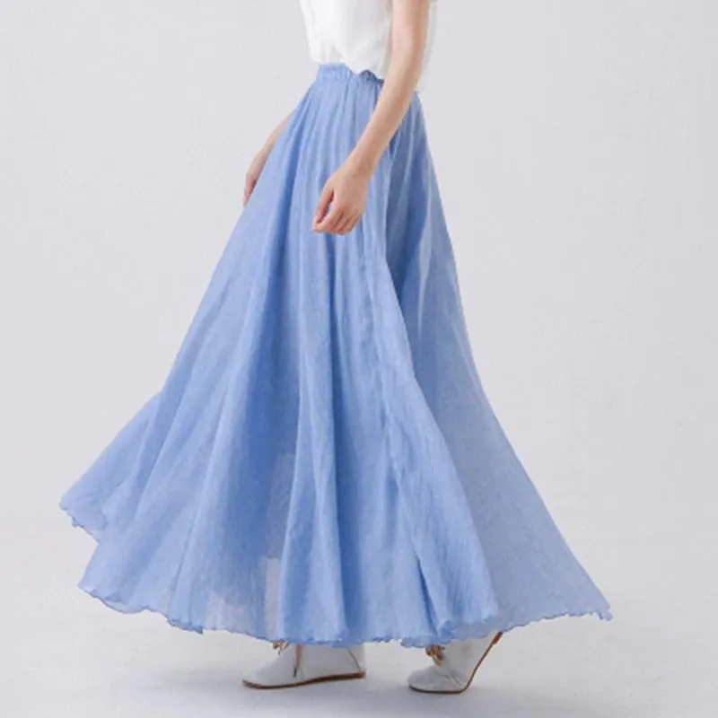 Pastel Color Elastic High Waist Pleated Maxi Skirts