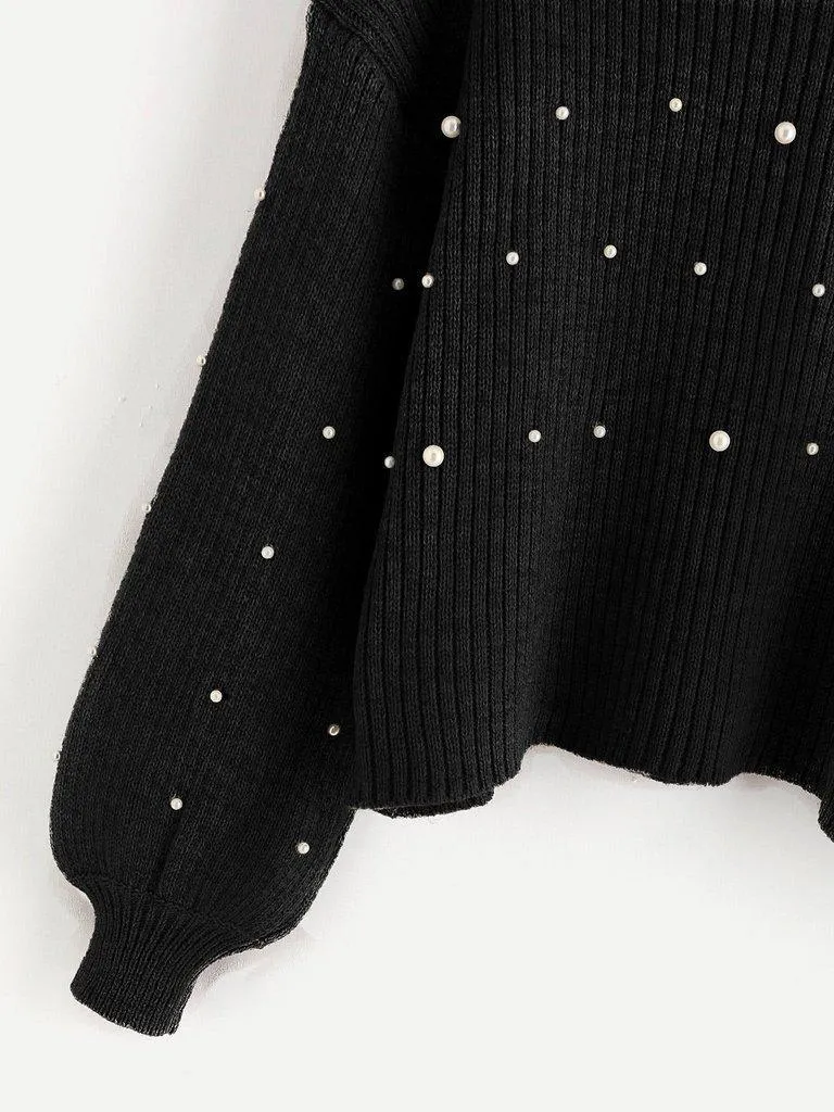 Pearl Embellished Exaggerated Bishop Sleeve Ribbed Sweater