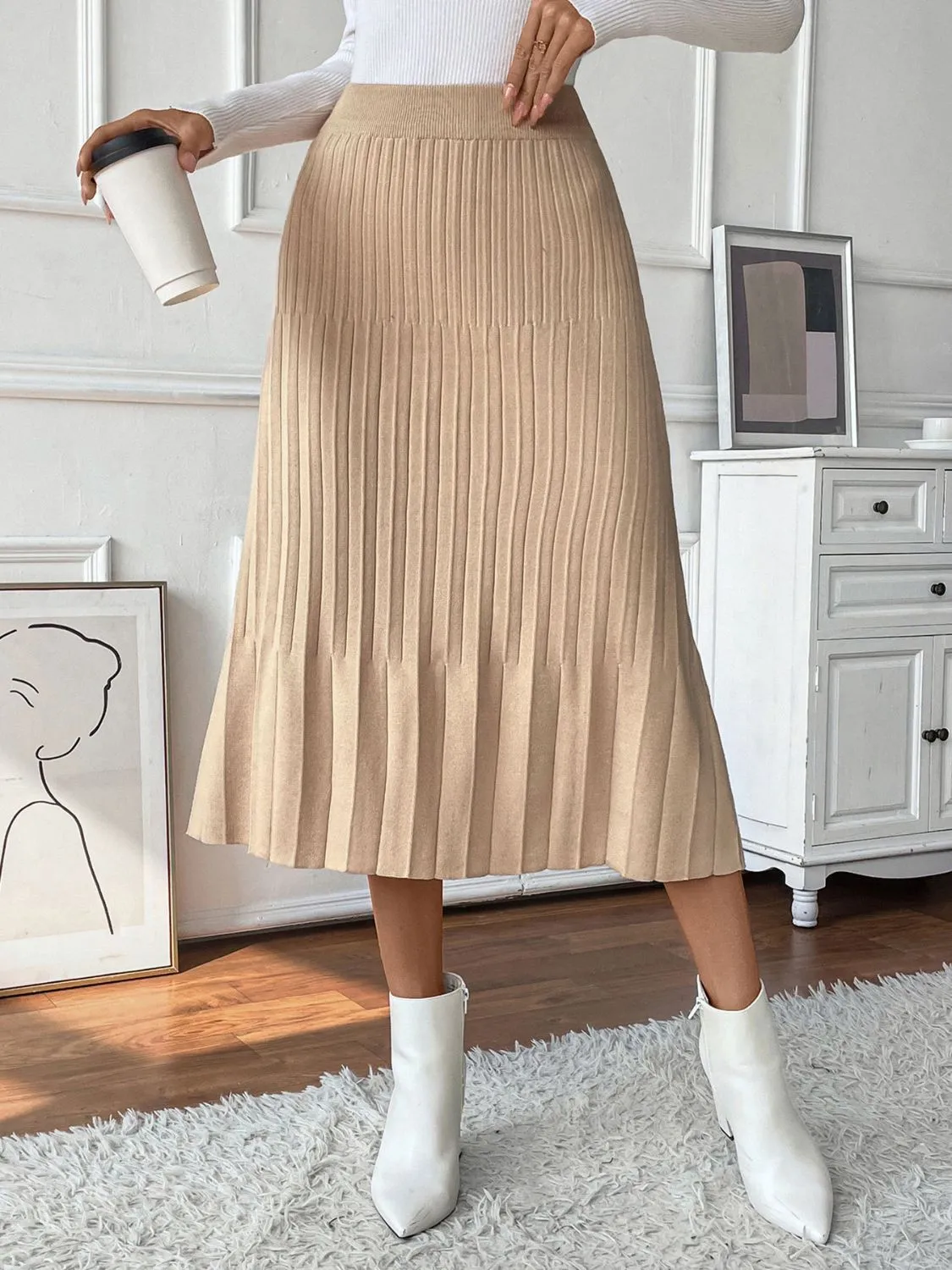 Perfee Pleated Midi Sweater Skirt