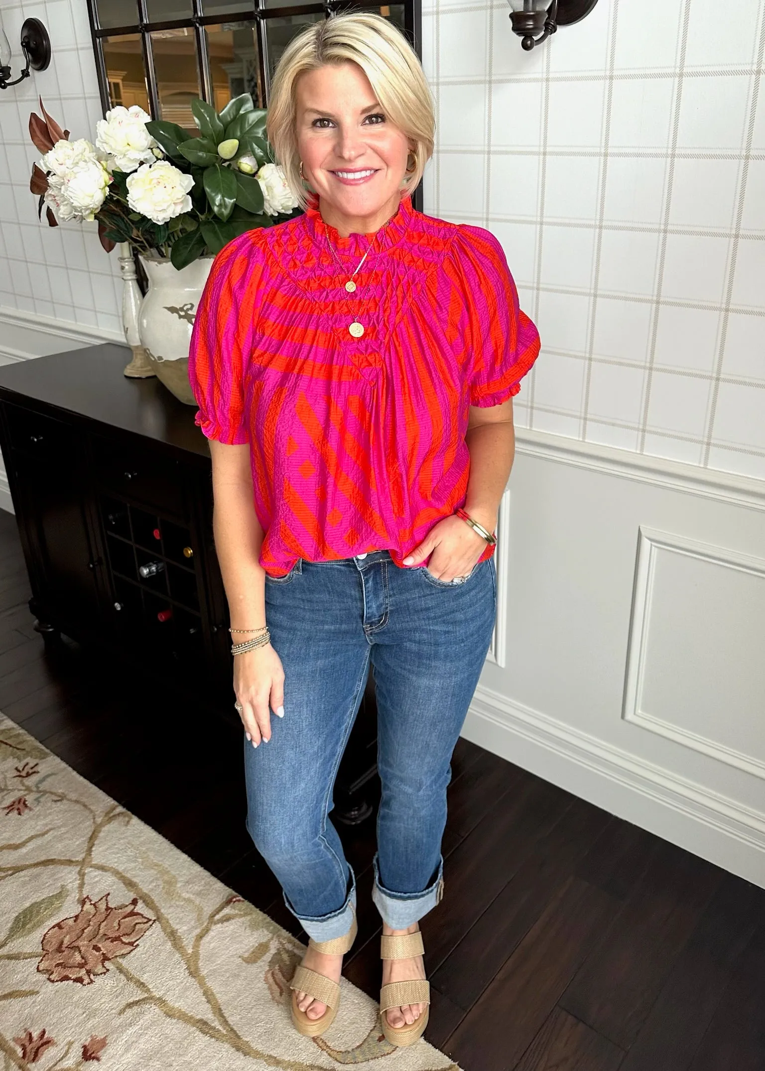 Pink and Red Striped Blouse