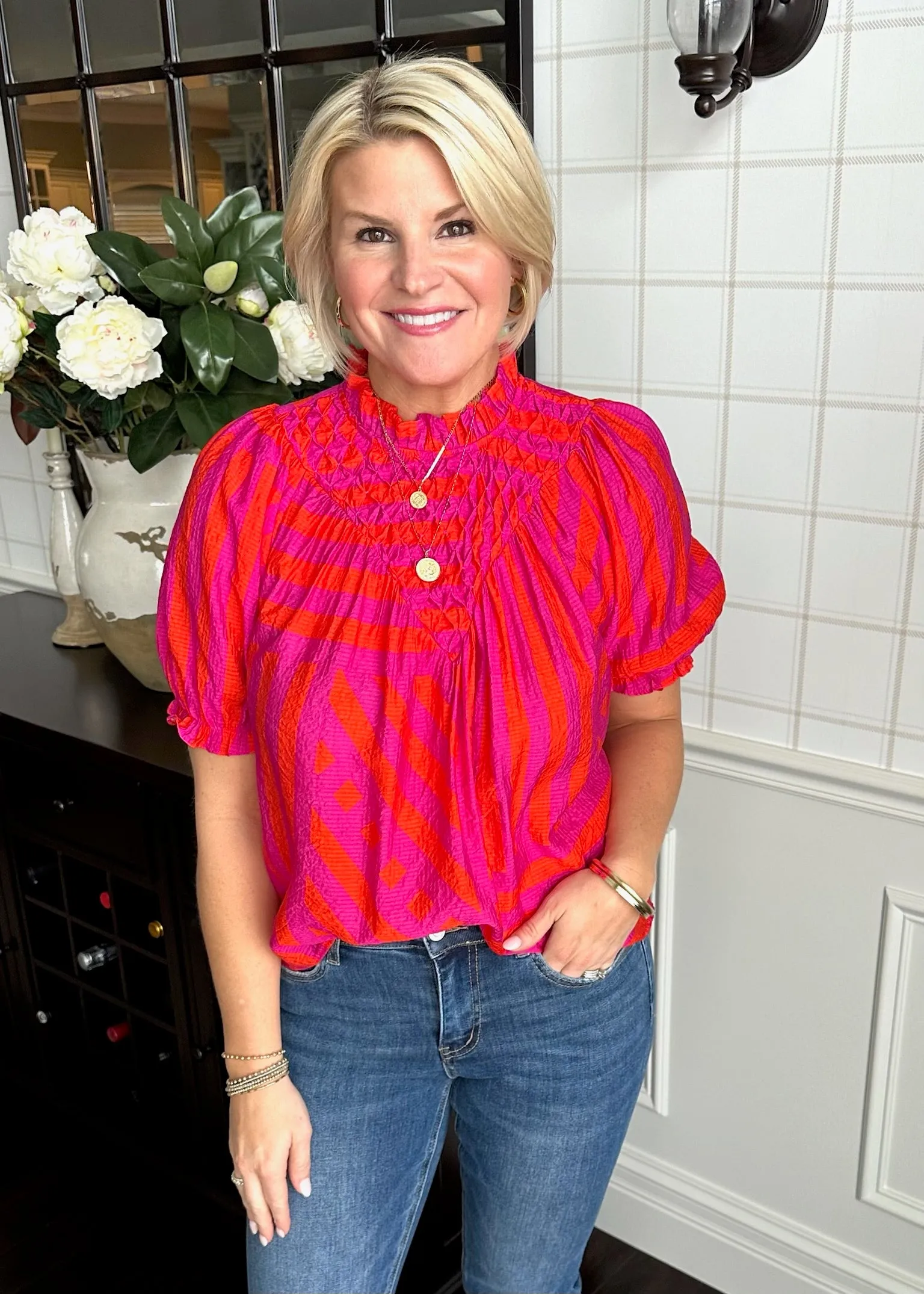 Pink and Red Striped Blouse