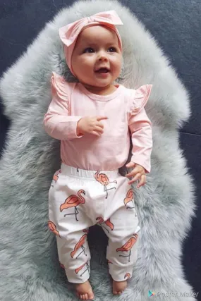 Pink Ruffle Sleeve Romper with Flamingo Pants and Headband  #100076