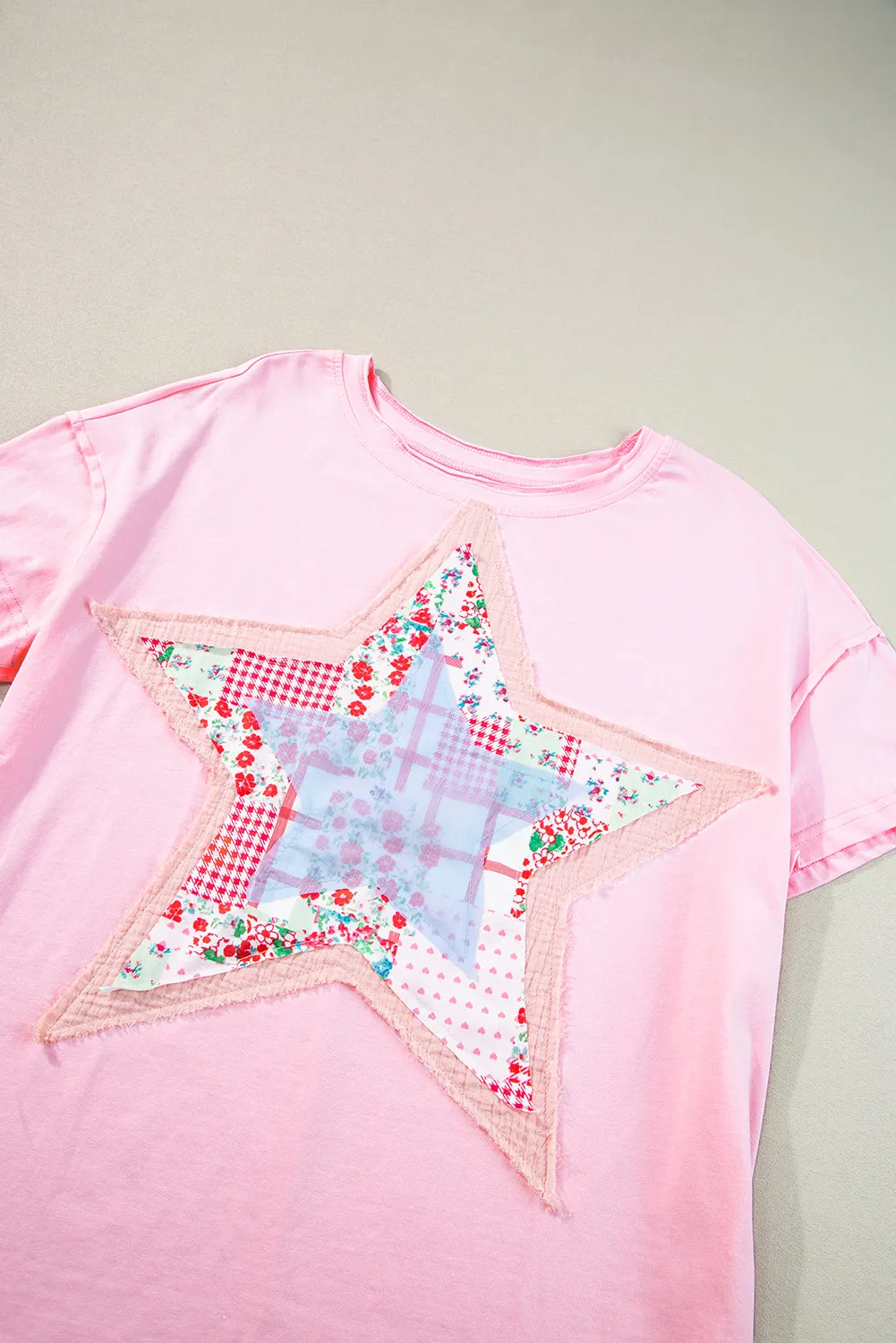 Pink Vibrant Star Patchwork Loose T-Shirt – Shine Bright Like a Star