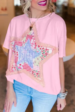 Pink Vibrant Star Patchwork Loose T-Shirt – Shine Bright Like a Star