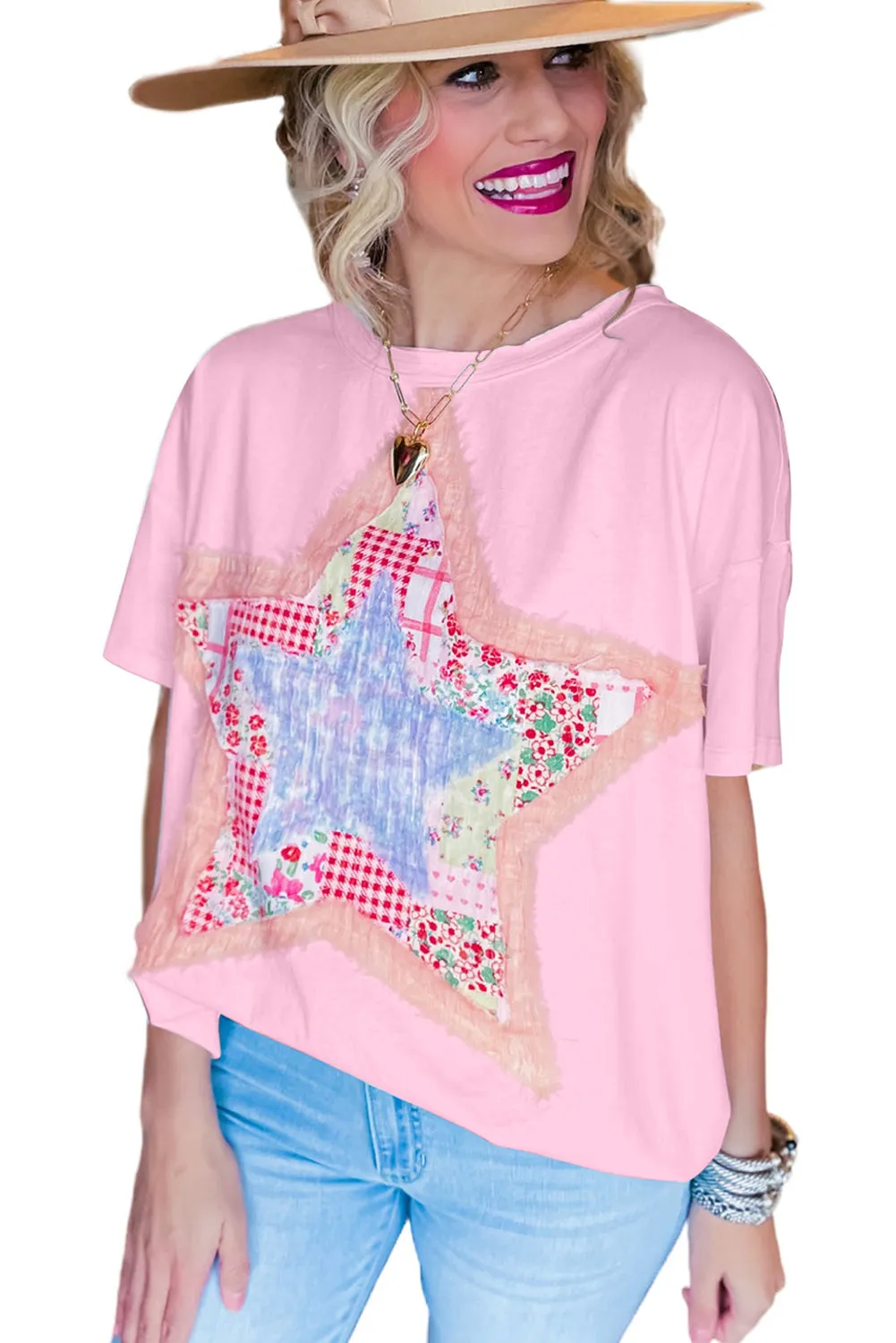 Pink Vibrant Star Patchwork Loose T-Shirt – Shine Bright Like a Star