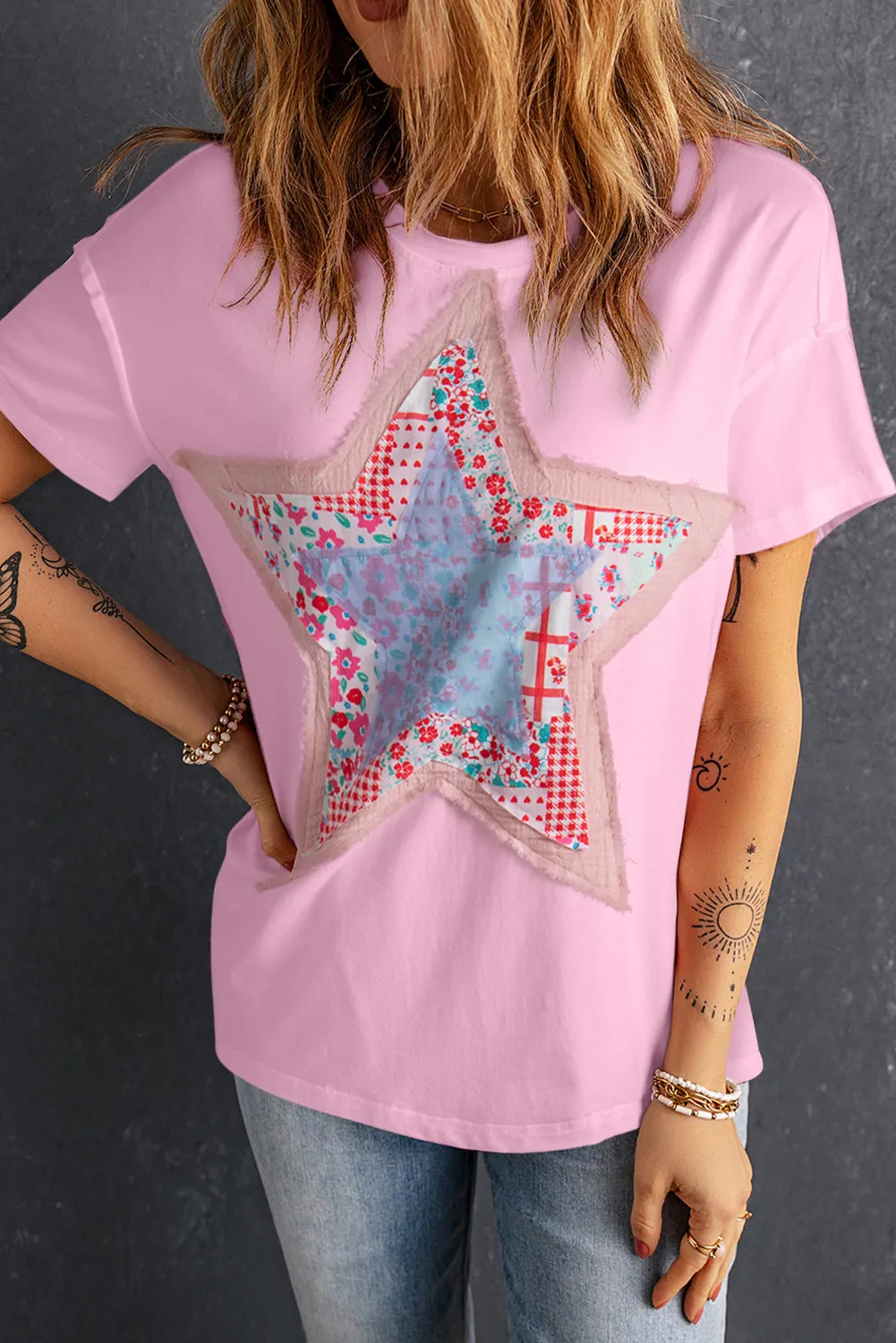 Pink Vibrant Star Patchwork Loose T-Shirt – Shine Bright Like a Star