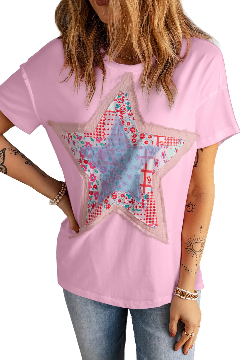 Pink Vibrant Star Patchwork Loose T-Shirt – Shine Bright Like a Star