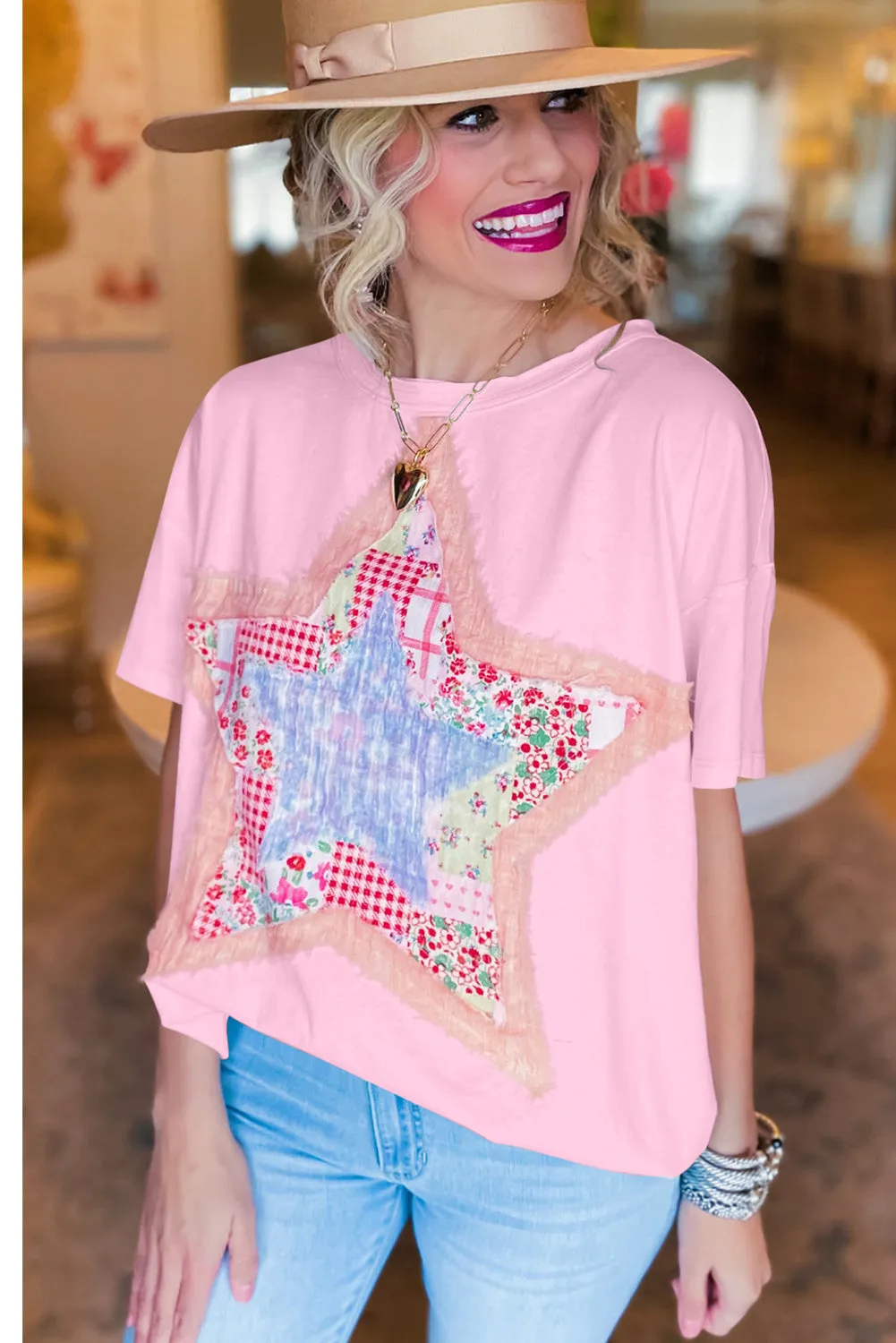 Pink Vibrant Star Patchwork Loose T-Shirt – Shine Bright Like a Star