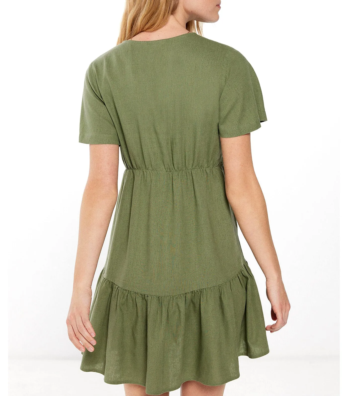 Pintucks Short Linen Dress Green