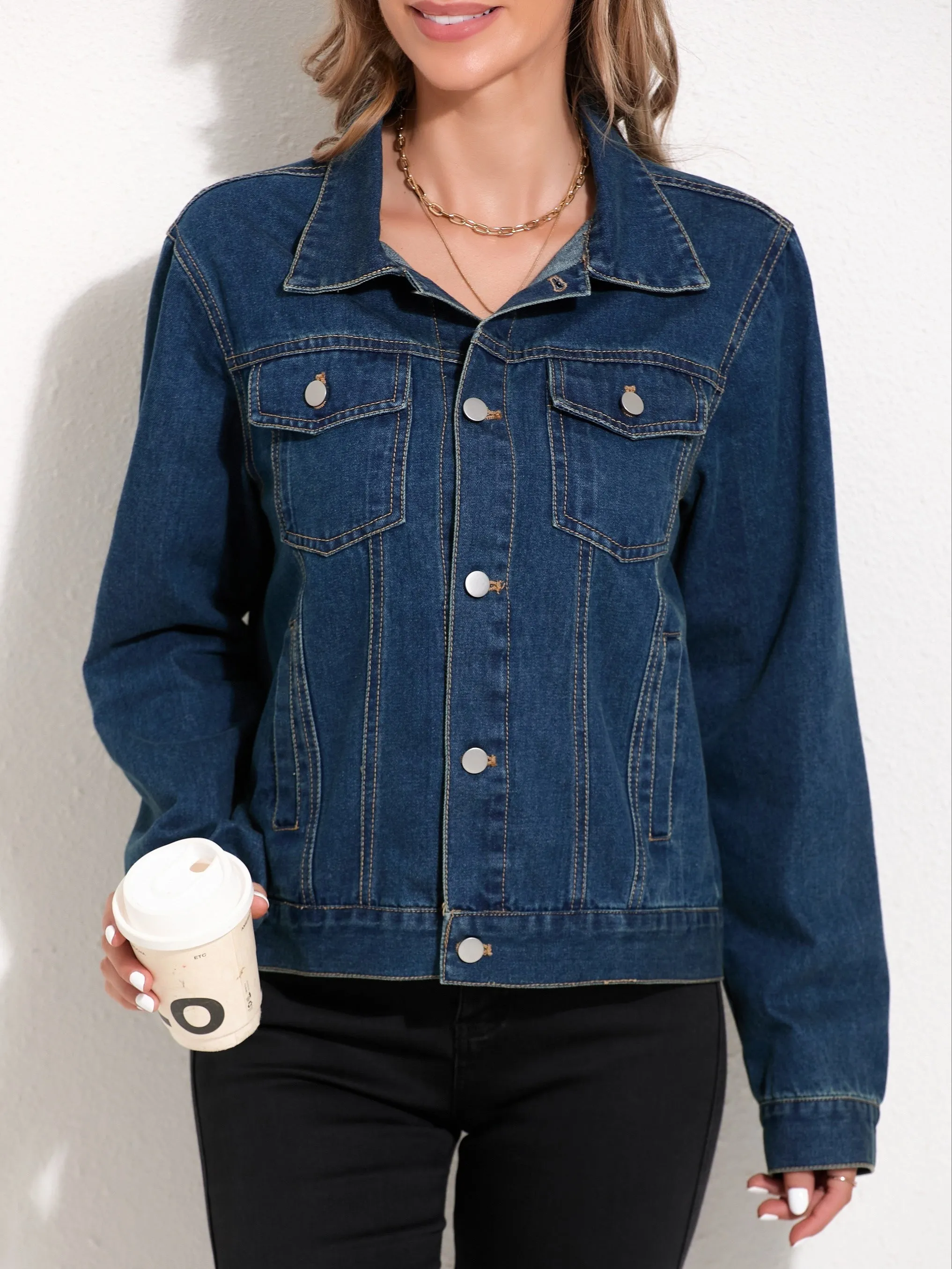 Plain Dark Washed Blue Button Up Long Sleeve Casual Style Denim Top, Women's Denim Jeans & Clothing