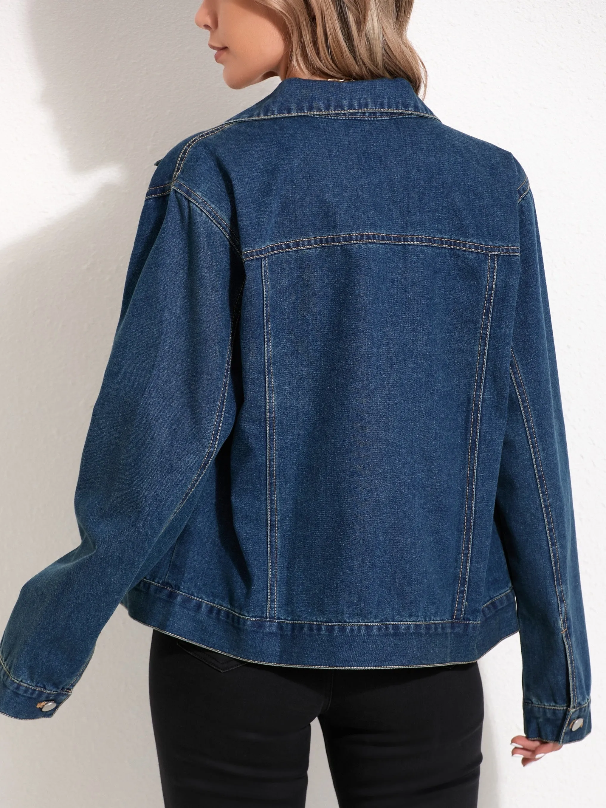 Plain Dark Washed Blue Button Up Long Sleeve Casual Style Denim Top, Women's Denim Jeans & Clothing