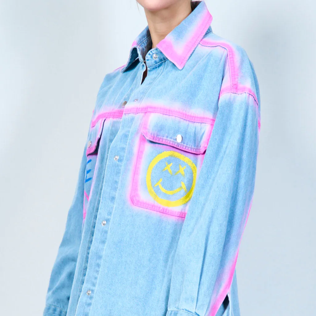 Playful smiley patch denim shirt wholesale