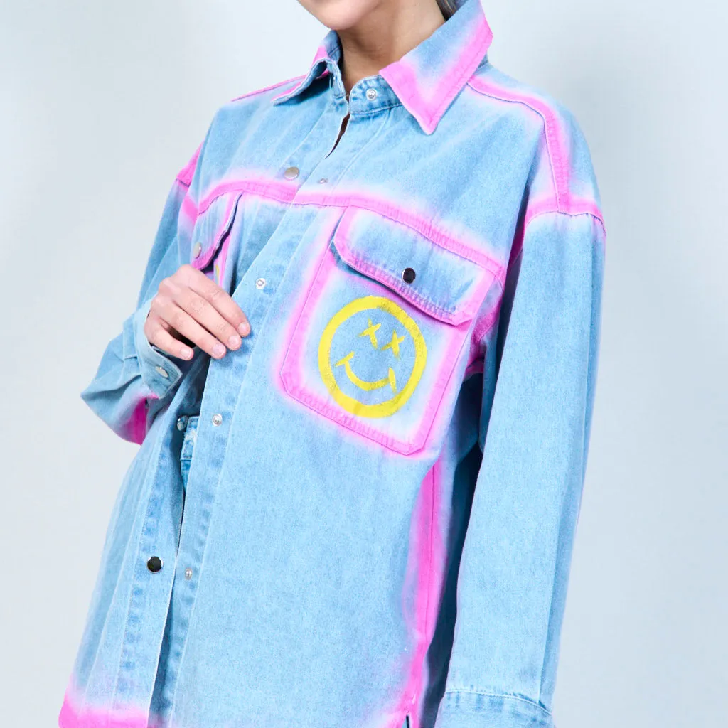 Playful smiley patch denim shirt wholesale