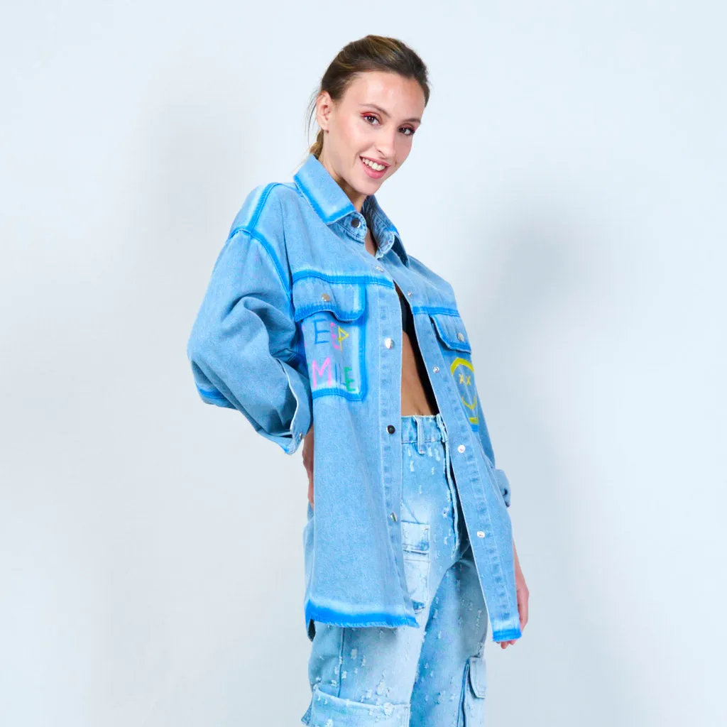 Playful smiley patch denim shirt wholesale