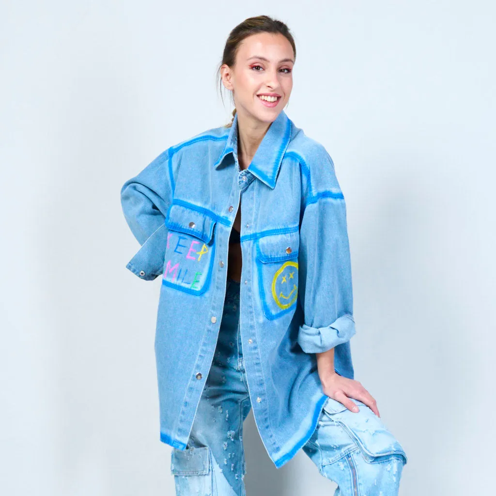 Playful smiley patch denim shirt wholesale