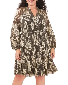 Plus-Size Metallic Floral Print Pleated Dress