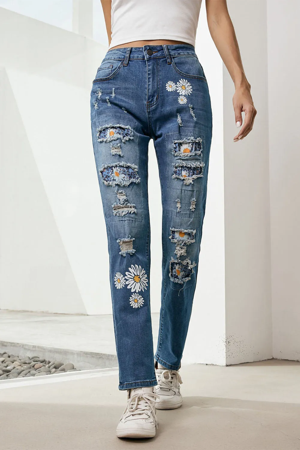 Printed Patch Distressed Boyfriend Jeans