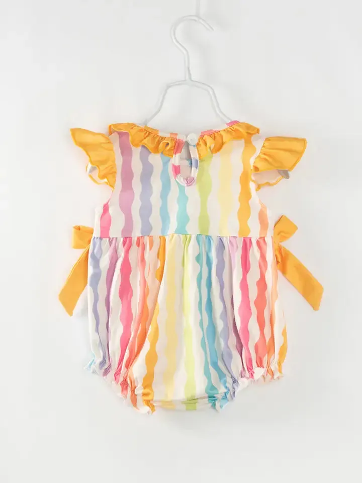 Rainbow Smocked Ruffle French Knot Baby Girl Romper